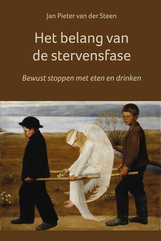 Boekomslag 'Het belang van de stervensfase' met een schilderij van twee jongens die een engel dragen.