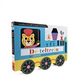 Gekleurd kartonnen kinderboek 'De teltrein', met een afbeelding van een treintje met een leeuwenkop als machinist.