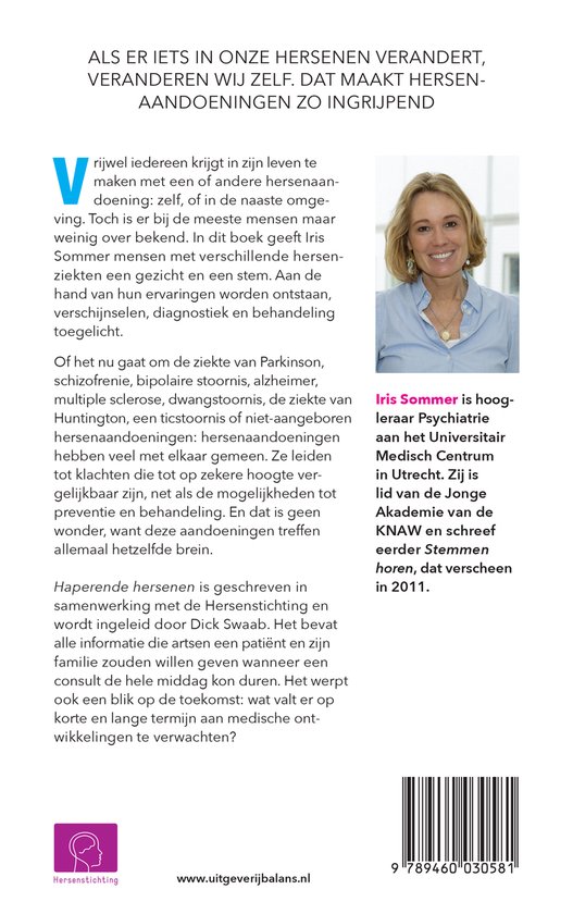 Achterkant van het boek 'Haperende hersenen' met een foto van auteur Iris Sommer en tekst.