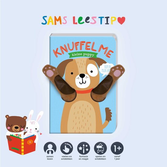 Boek met een lieve puppy met pluche poten die uit het boek steken. De tekst "KNUFFEL ME kleine puppy" staat op de voorkant.