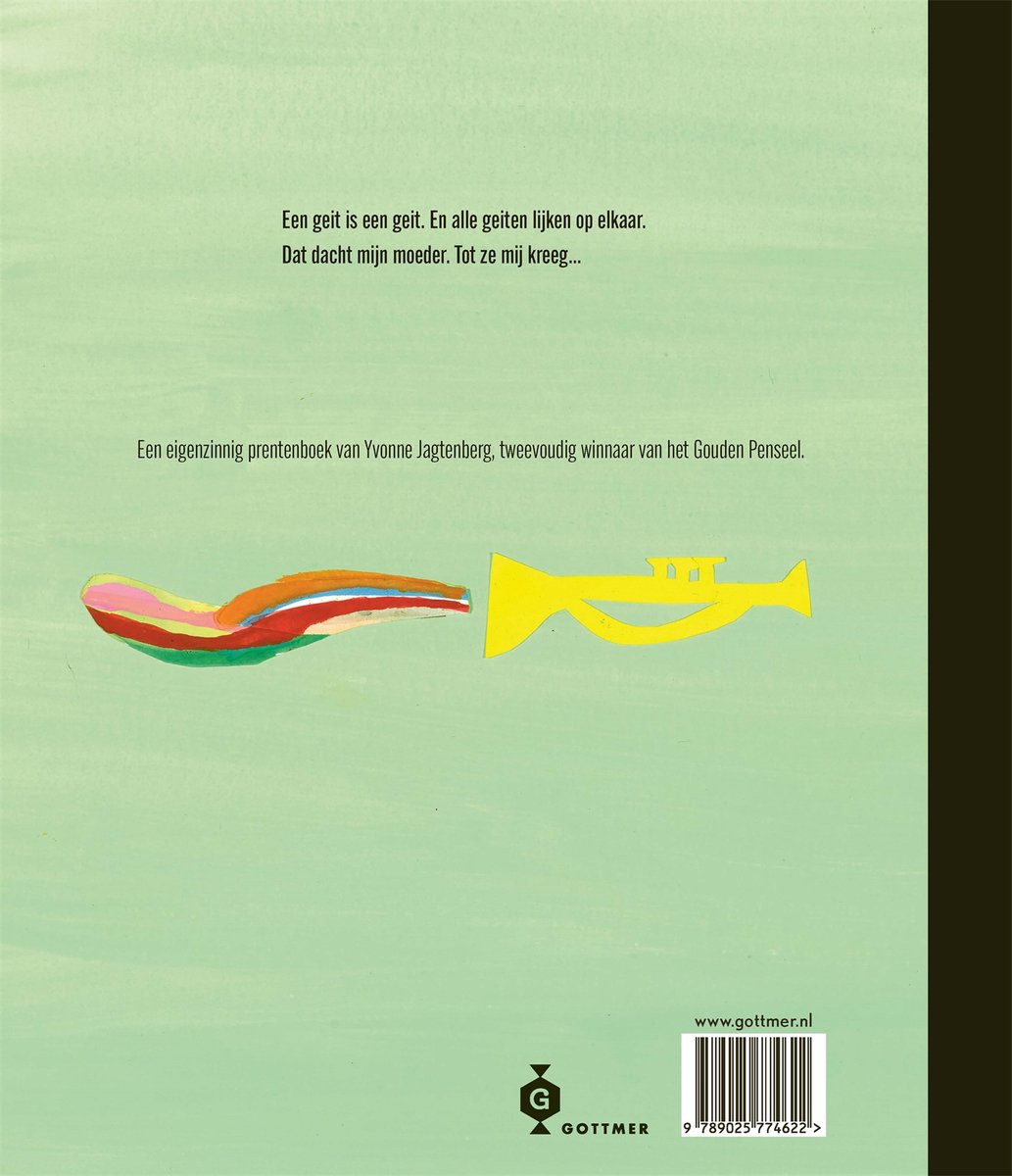 Gouden Penseel winnaar Yvonne Jagtenberg's prentenboek met een abstracte, kleurrijke vorm en een gele trompet op een groene achtergrond.