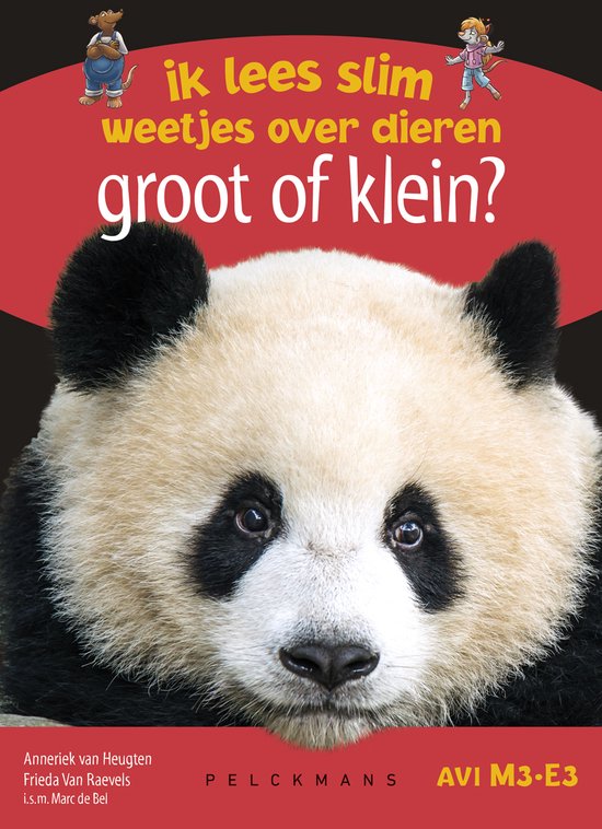 Een panda met zwart-witte vacht. "Ik lees slim weetjes over dieren groot of klein?"