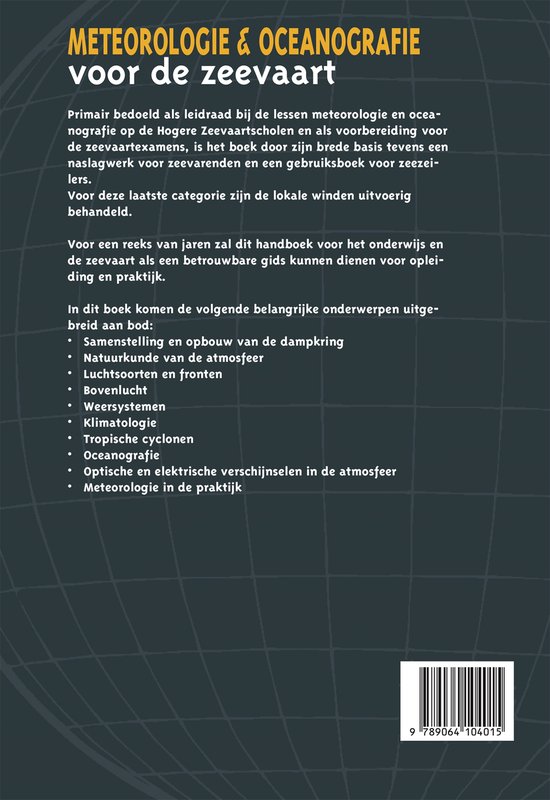 Boek 'Meteorologie & Oceanografie voor de zeevaart'. Gele titel, blauwe achtergrond met tekst en barcode.