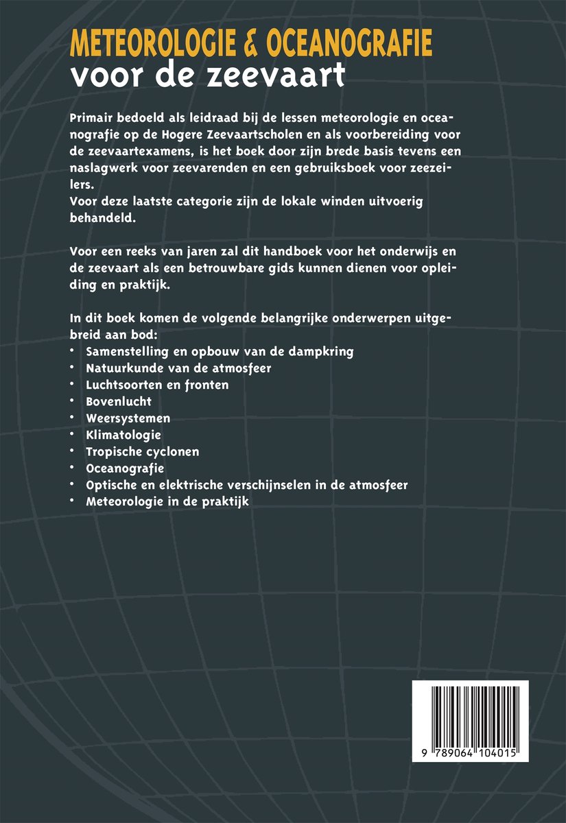 Boek 'Meteorologie & Oceanografie voor de zeevaart'. Gele titel, blauwe achtergrond met tekst en barcode.