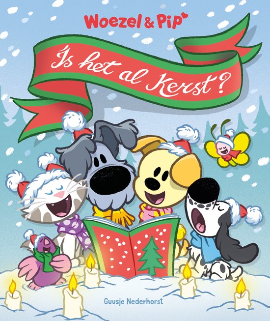 Vijf dieren met kerstmutsen rond een boek met een kerstboom. De tekst op de rode banner luidt 'Is het al Kerst?'.