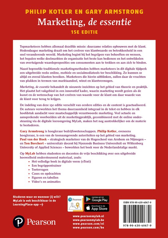 Boek "Marketing de essentie" door Philip Kotler en Gary Armstrong, 15e editie.