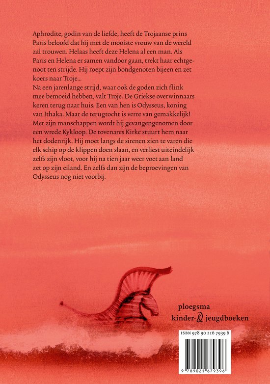 Een roze boek met de titel 'De strijd om Troje & Odysseus' en een rode illustratie van een paard met vleugels en een fort.