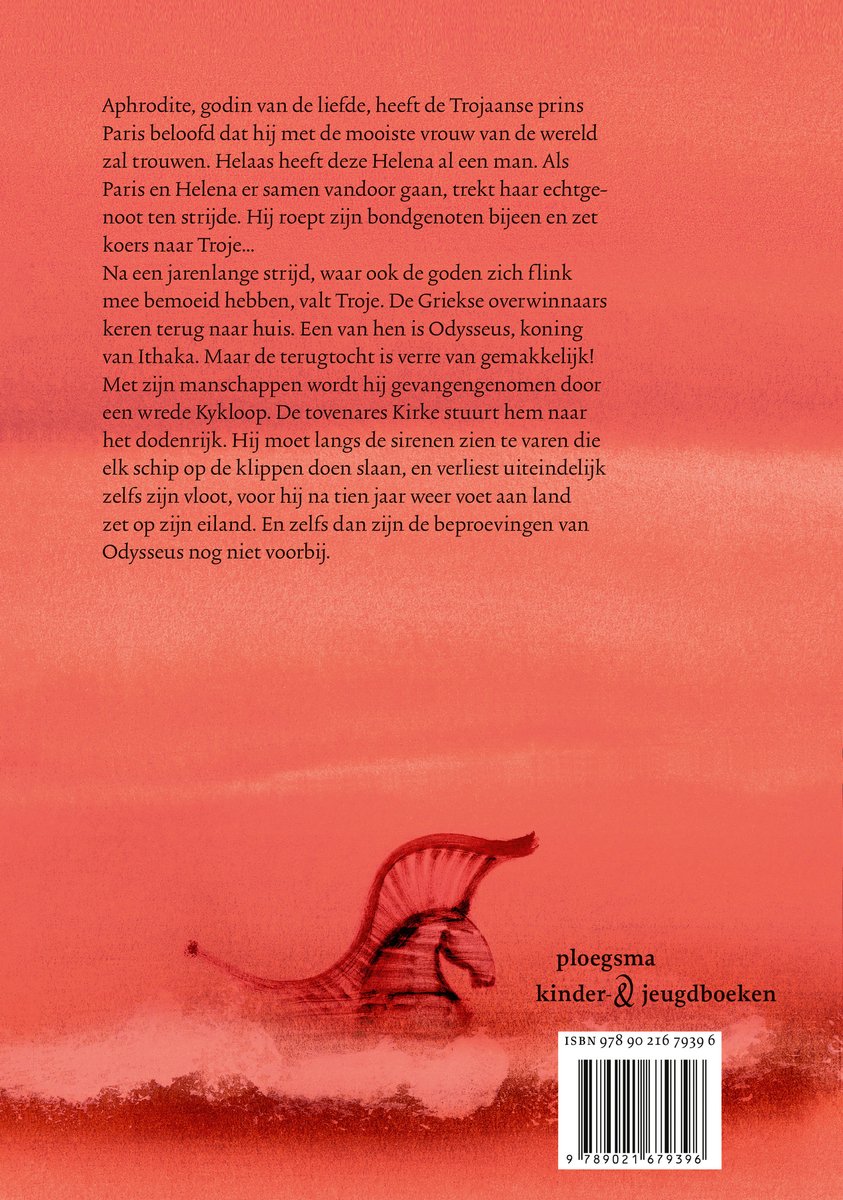 Een roze boek met de titel 'De strijd om Troje & Odysseus' en een rode illustratie van een paard met vleugels en een fort.