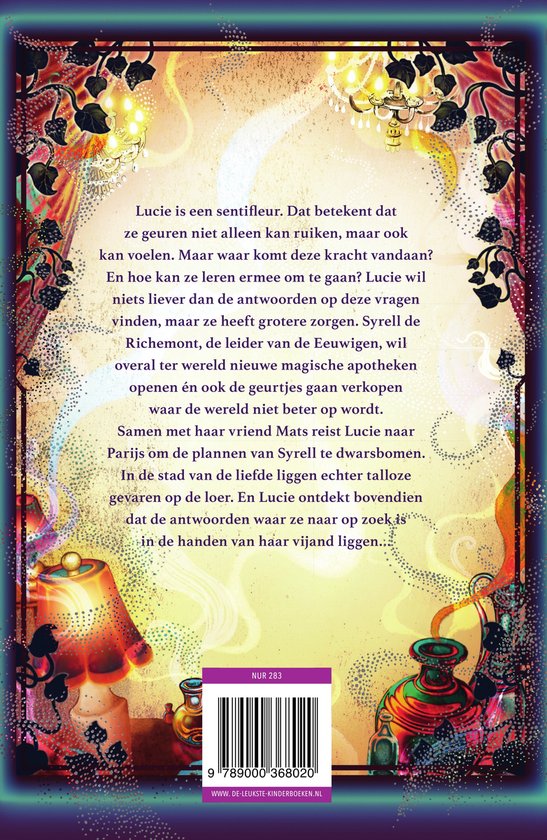 Boekomslag met sierlijke illustratie, tekst 'De magische apotheek' en details van gouden bloemen.
