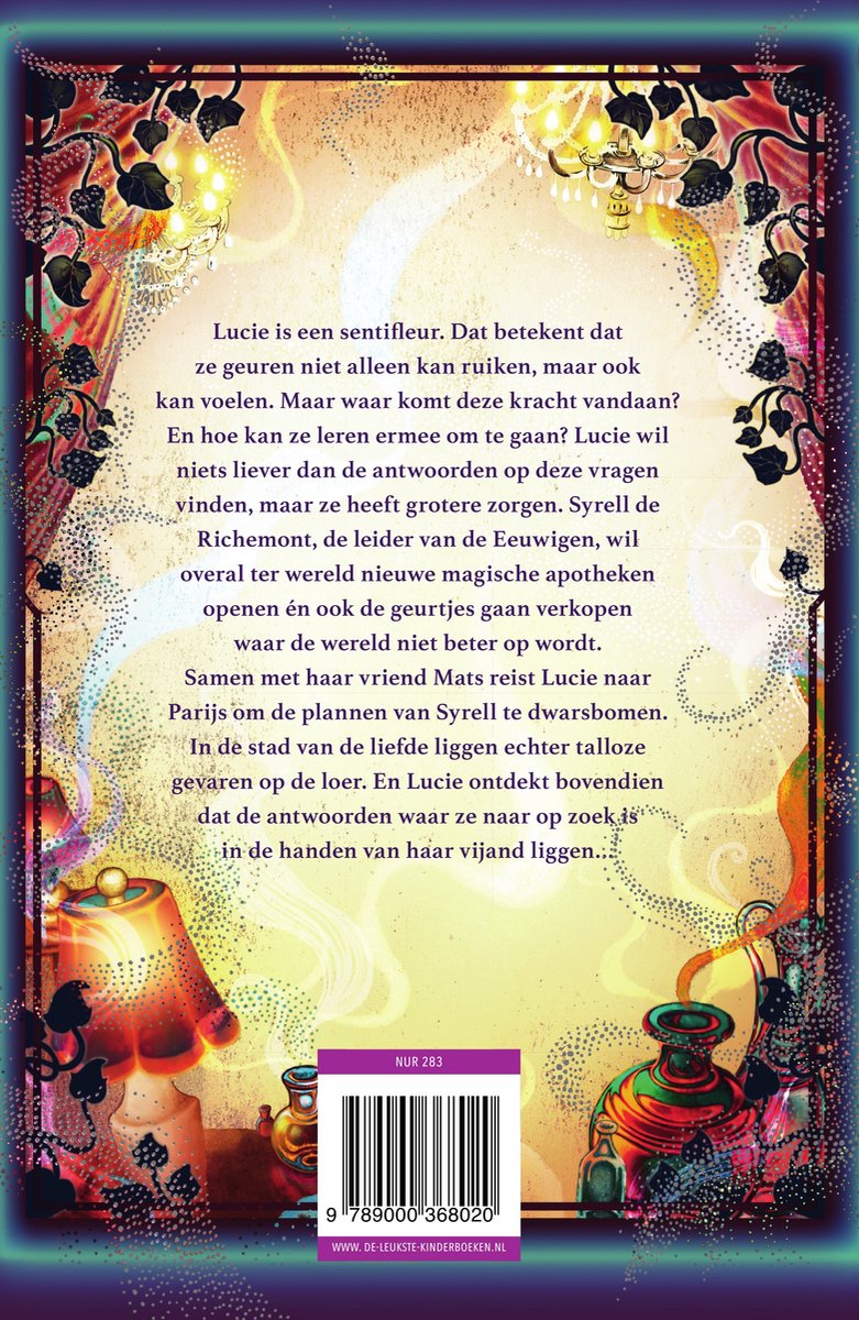 Boekomslag met sierlijke illustratie, tekst 'De magische apotheek' en details van gouden bloemen.