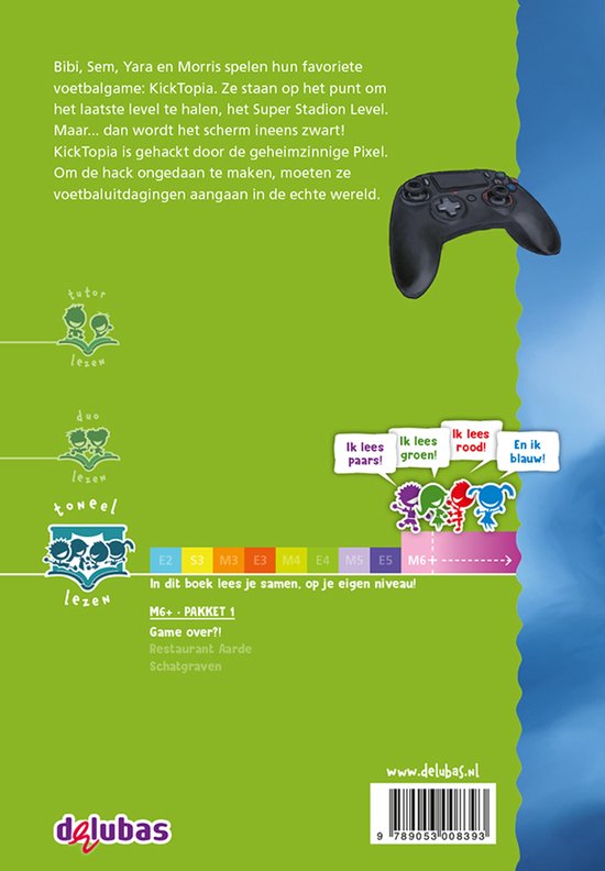 Achterkant van het boek 'Game over?!' met een gamecontroller en tekeningen van spelende kinderen. Geeft niveaus aan van M6+.