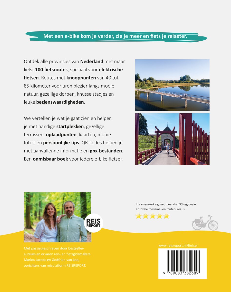 Boek met een man en vrouw, twee foto's van fietsroutes en een fietsicoon.