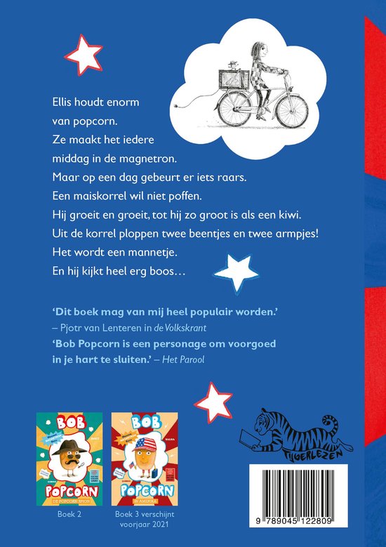 Boek met blauwe achtergrond, titel Bob Popcorn, en afbeeldingen van Bob Popcorn in verschillende stijlen, boeken 2 & 3.