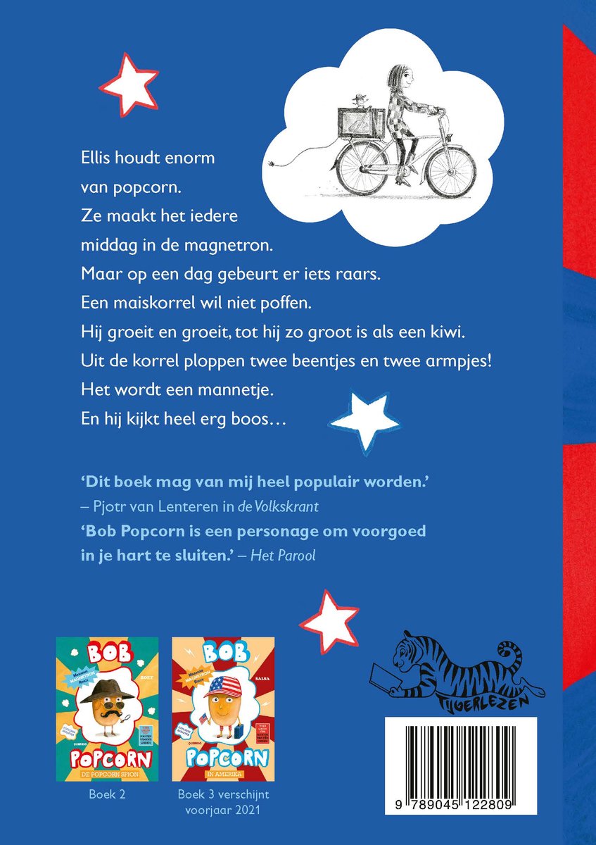 Boek met blauwe achtergrond, titel Bob Popcorn, en afbeeldingen van Bob Popcorn in verschillende stijlen, boeken 2 & 3.
