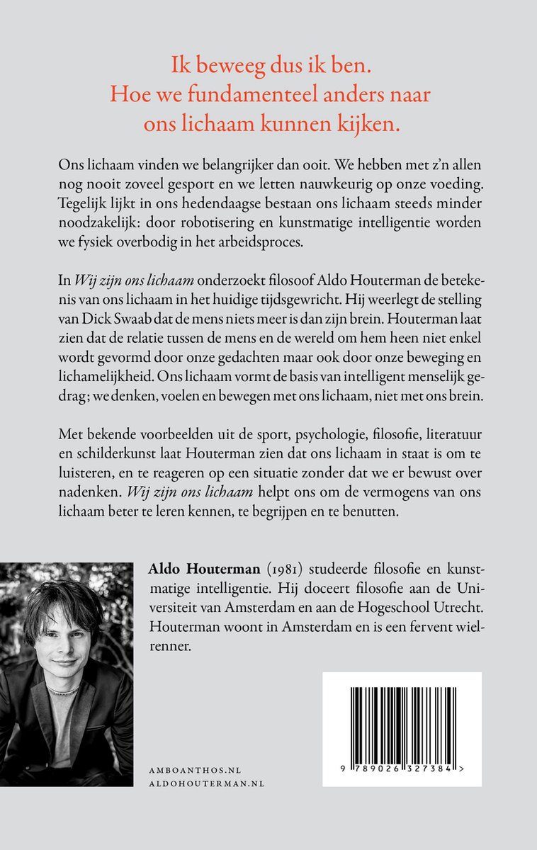 Boekomslag met een portretfoto van Aldo Houterman en tekst over zijn boek 'Wij zijn ons lichaam'. ISBN: 9789026327384.