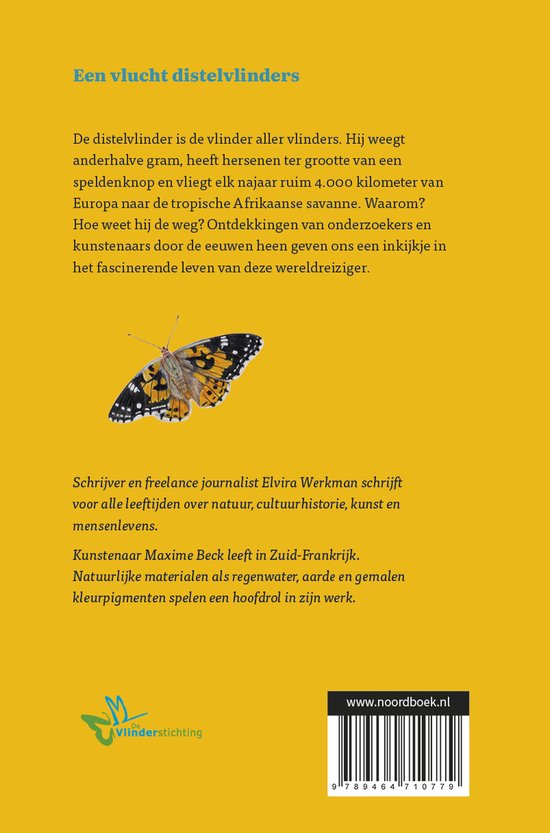 Een vlucht distelvlinders, met een oranje met zwarte en witte vleugels van een Distelvlinder, met tekst.