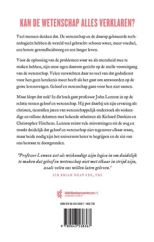 Boekomslag met rode titel: KAN DE WETENSCHAP ALLES VERKLAREN?. Tekstblokken met boekrecensies en auteursinformatie.