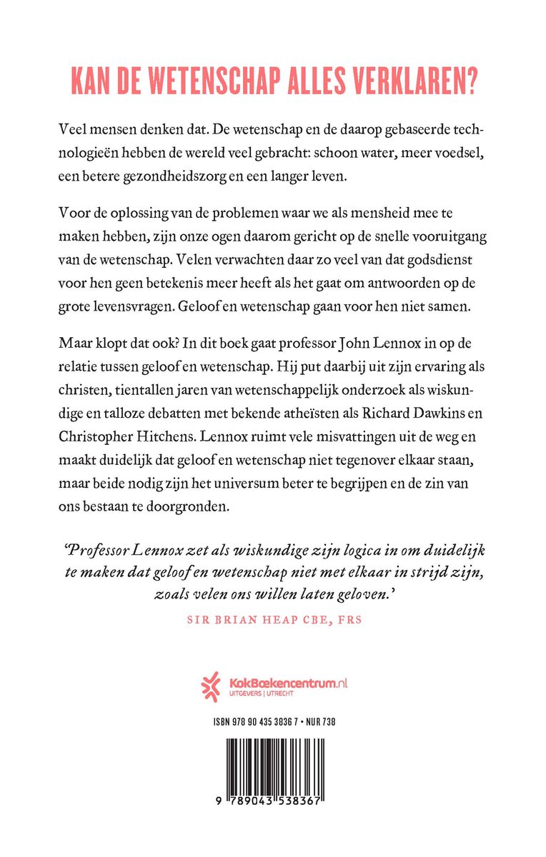 Boekomslag met rode titel: KAN DE WETENSCHAP ALLES VERKLAREN?. Tekstblokken met boekrecensies en auteursinformatie.