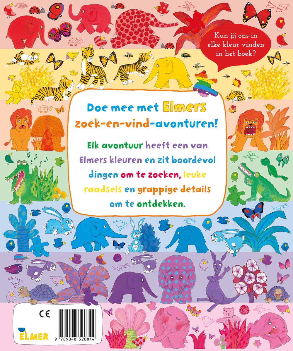 De achterkant van het kinderboek 'Elmer zoek en vind - Kleuren' bevat tekst en illustraties van olifanten, tijgers, leeuwen en andere dieren.