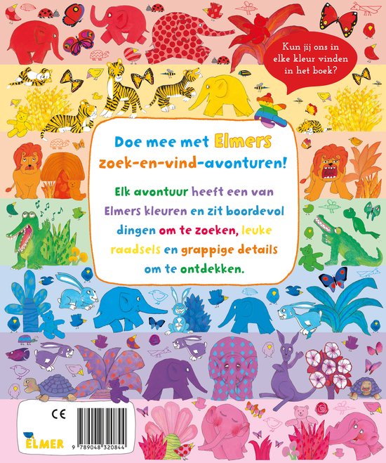 De achterkant van het kinderboek 'Elmer zoek en vind - Kleuren' bevat tekst en illustraties van olifanten, tijgers, leeuwen en andere dieren.