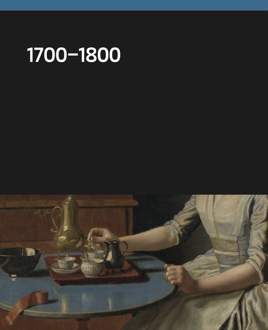 Een schilderij uit 1700-1800 van een vrouw in een blauwe jurk die thee schenkt aan tafel.