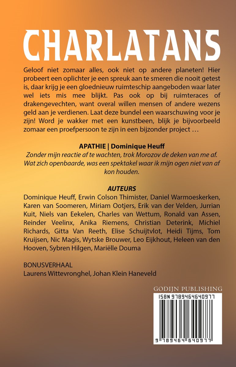 Boekomslag met de titel CHARLATANS in grote letters. De tekst beschrijft een boek over oplichters en ruimtevaart.