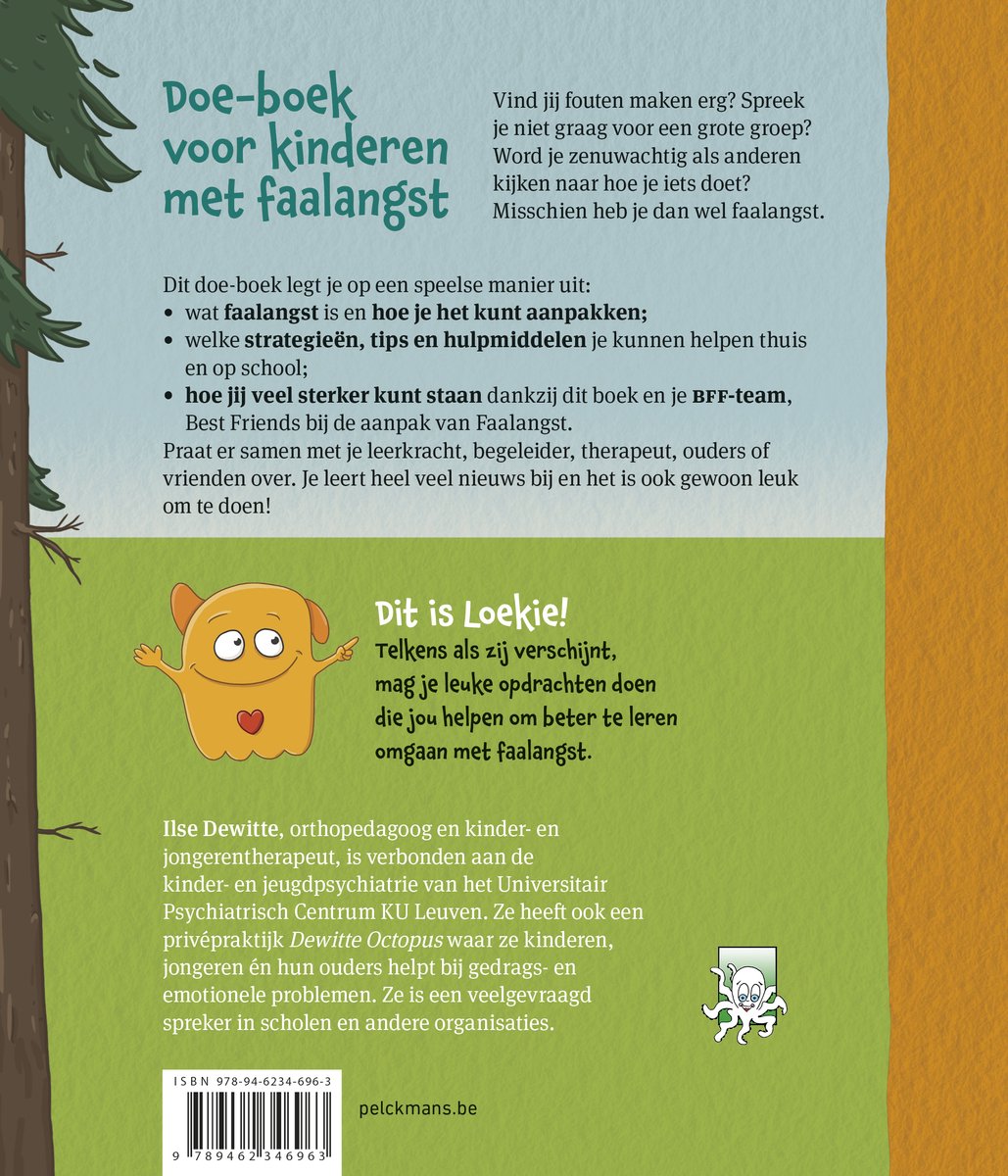 Voorpagina van "Doe-boek voor kinderen met faalangst", met een illustratie van het personage Loekie, een oranje wezentje met armen en benen.