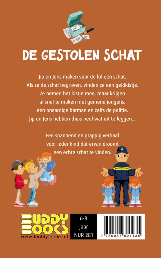 Achterkant boek: Jip en Jens, De gestolen schat. Twee jongens en een politieagent kijken elkaar aan, Buddy Books logo.