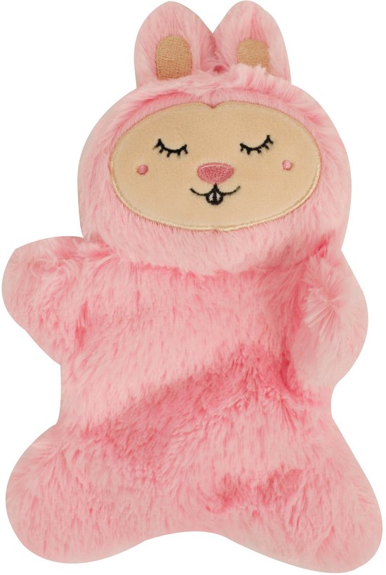 Zacht roze pluche speelgoed in de vorm van een konijn met slappe oren en een gezichtje met gesloten ogen.