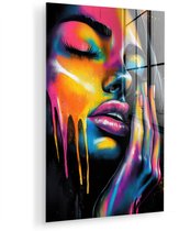 MuchoWow® Glasschilderij 100x150 cm - Schilderij acrylglas - Vrouw - Gezicht - Verf - Kunstzinnig - Foto op glas - Muurdecoratie woonkamer - Wanddecoratie slaapkamer - Schilderijen