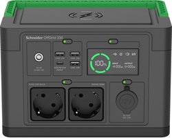Schneider OffGrid Portable Power Station 330 - Li-Ion accu, LCD, 2x stopcontact, 3x USB-A, 1x USB-C, 1x 12V, wireless charging pad