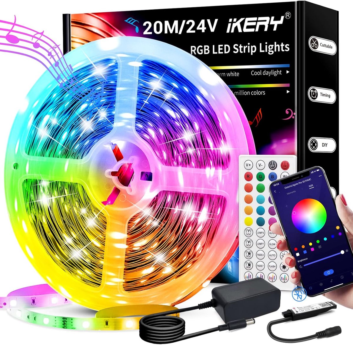 Image of 20m RGB LED Strip - Kleurveranderende Lichtstrip met Muzieksynchronisatie en Afstandsbediening - Perfect voor Slaapkamer Decoratie