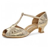 Diamant 019 - 011 - 017 - Glamoureuze Dames Dansschoen - Goudkleurig Leer - Lage stabiele 4,2cm spaanse hak - Enkelbandje met gesp - T - strap - Latin, Ballroom, Tango, Salsa, Kizomba, Bachata - Diamant - Goud - 43