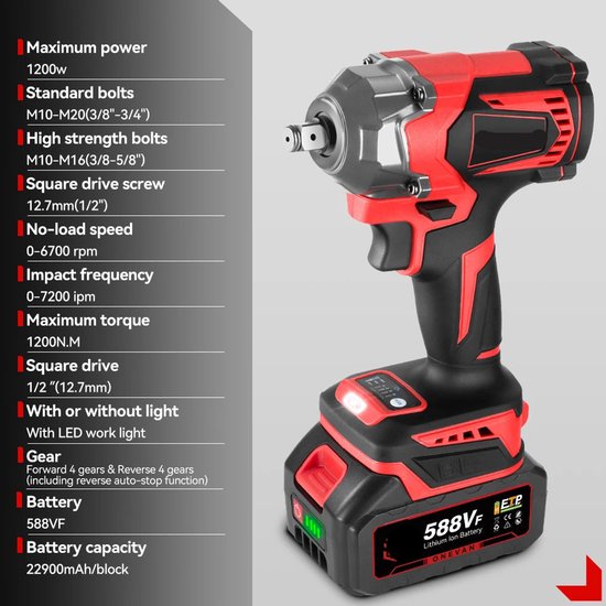 Draadloze slagmoersleutel 1/2 voor Milwaukee 18V batterij, 900Ft-lb