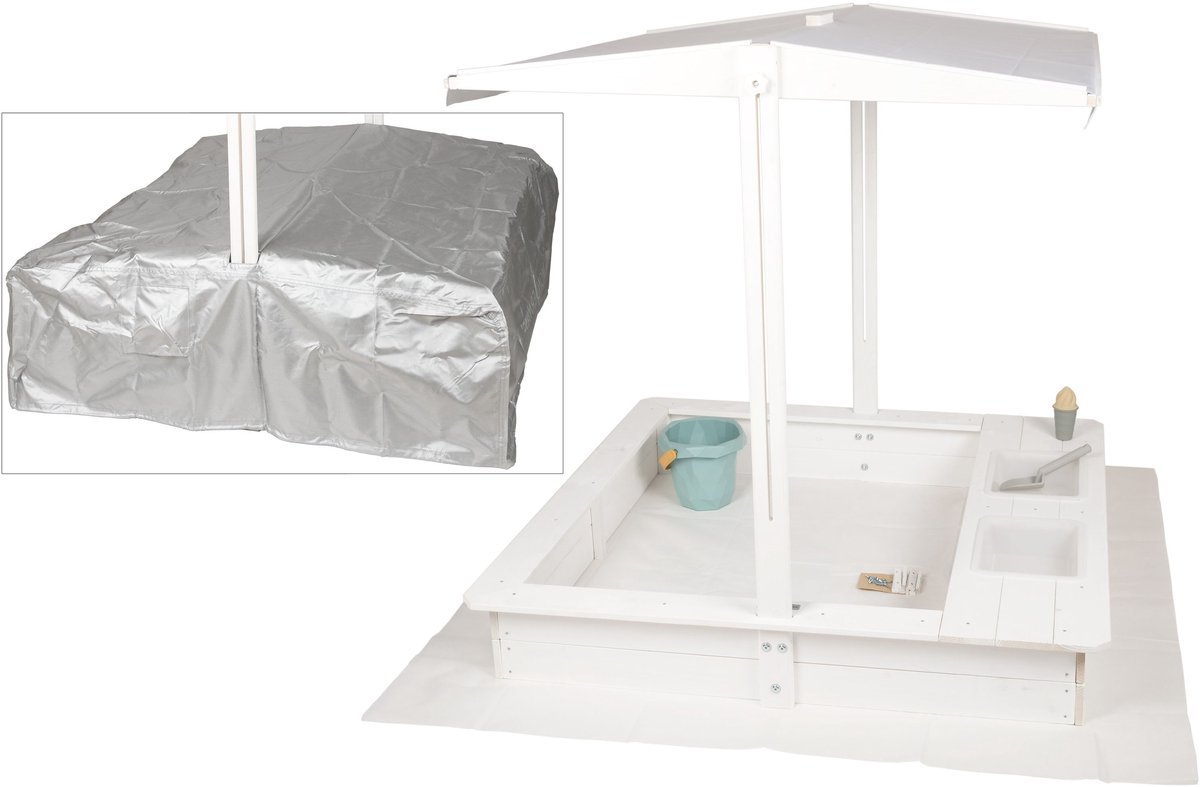 WONDERMAKE® Design zandbak met modderkeuken, dak, deksel OXFORD 420D, vliesfolie, vierkante houten zandbak afsluitbaar buitentuin voor kinderen, wit zilver
