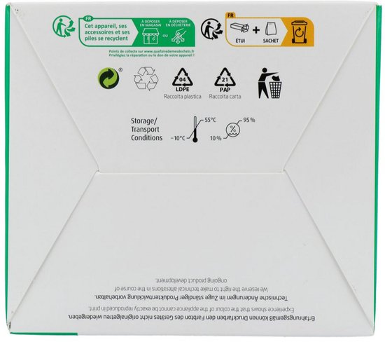 Zijkant van de verpakking met recycling- en gebruiksinformatie in het Frans en Engels.