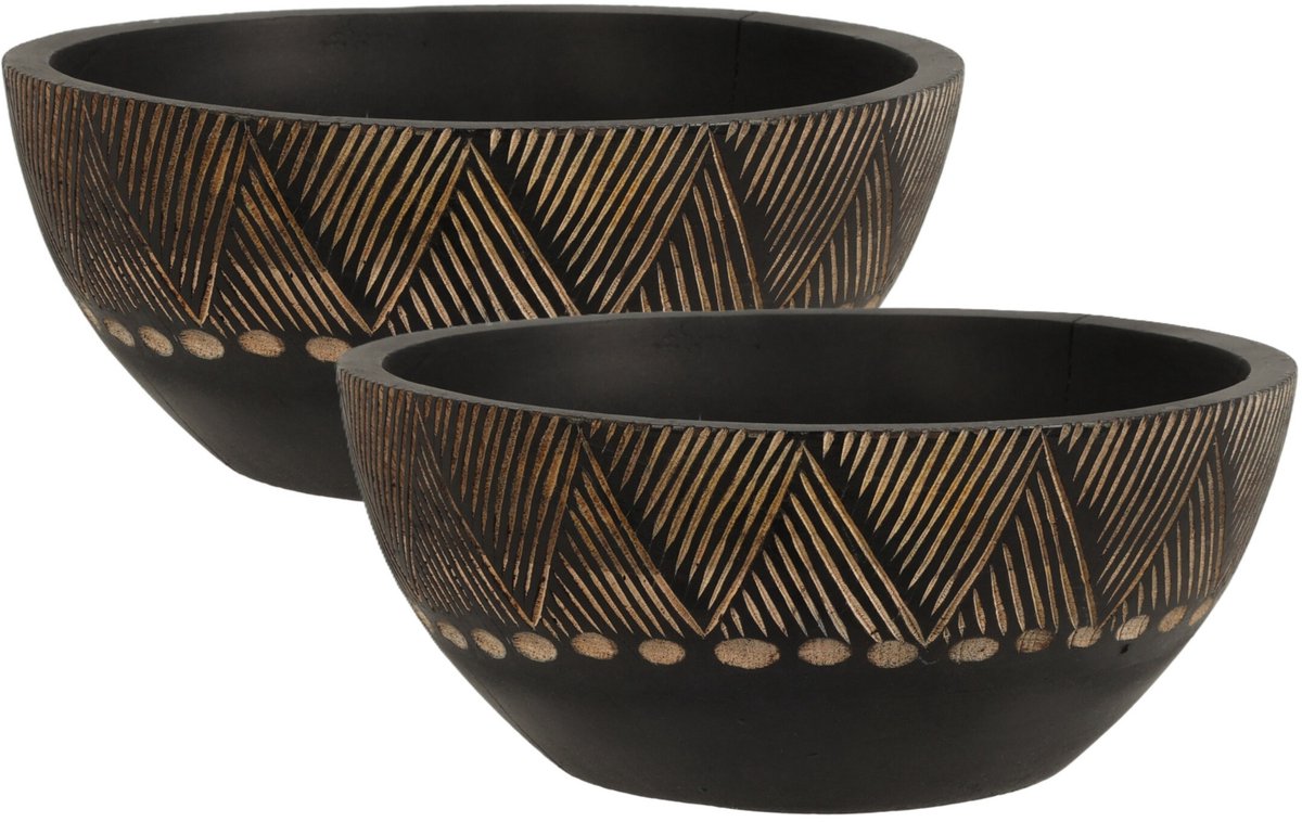 Fruitschaal/fruitmand - 2x - serveer schaal - mango hout - D25 x H10 cm - broodmand - zwart