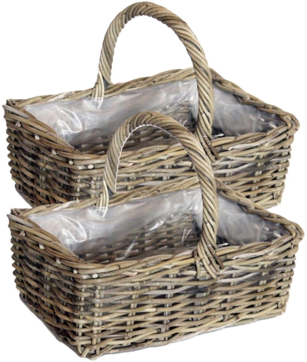 Van der Leeden Mand met hengsel - 2x - bruin - 40 x 28 x 30 cm - rotan - gevlochten riet - opbergmand - bloempot/plantenpot