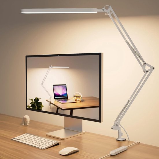 LED Bureaulamp - LED Bureaulamp Dimbaar - LED Bureaulamp met Klem - 80cm LED Bureaulamp voor Kantoor - Touch Control - 5 Kleurmodi X 11 Helderheidsniveaus - Timmer en Geheugenfunctie - 12W Studielamp - Wit