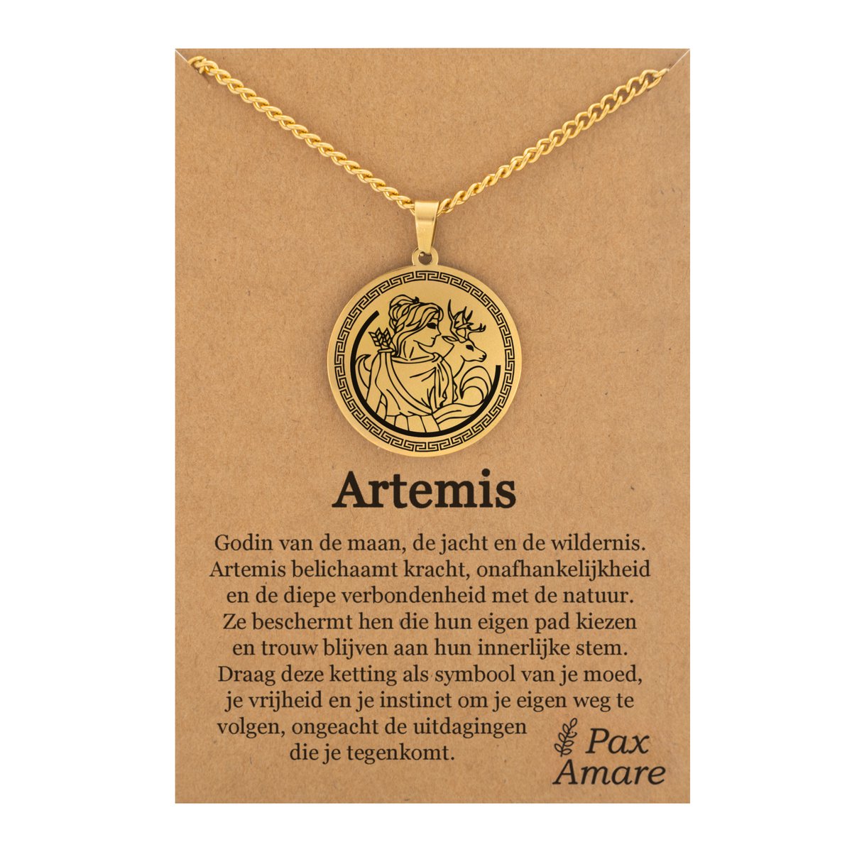 Griekse God Artemis Ketting op Cadeau Kaartje - Goudkleurige Mythologie Talisman - Roestvrij Staal - Olympus Cadeau - 60cm - Pax Amare