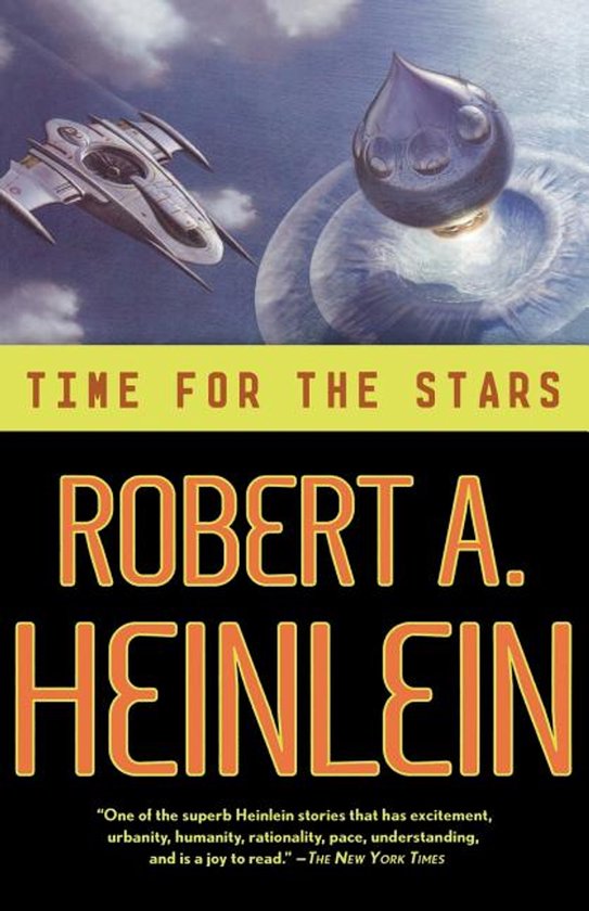 Boekcover van "Time for the Stars" door Robert A. Heinlein, met een ruimteschip en een blauwe bol.