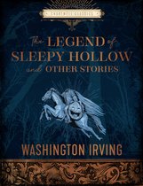 La couverture de "The Legend of Sleepy Hollow and Other Stories" par Washington Irving, avec un cavalier sans tête sur un cheval tenant une tête de citrouille, sur un fond de forêt bleu foncé.