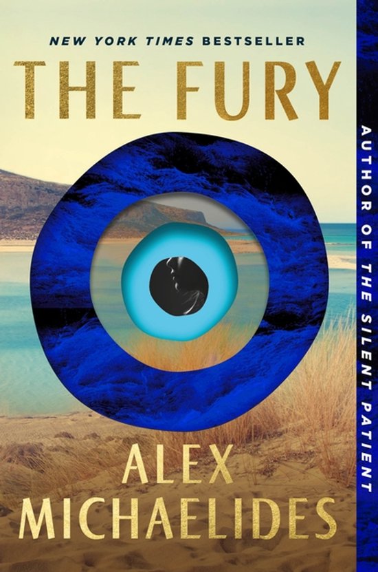 Livre 'The Fury' d'Alex Michaelides, avec un œil bleu comme motif central et un paysage en arrière-plan.