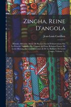 Boek met de titel "Zingha, Reine D'Angola" in het midden, omringd door diverse kleurrijke Afrikaanse stoffen met patronen.