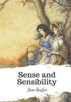 Boekomslag van 'Sense and Sensibility' van Jane Austen, met twee vrouwen in historische kledij onder een boom.