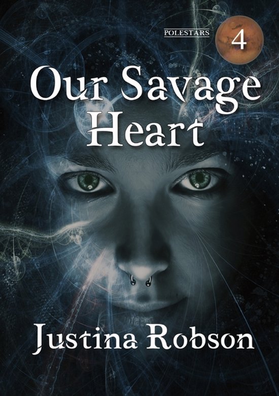 Boekomslag 'Our Savage Heart' met close-up van een gezicht, groen met mystieke lijnen en de tekst 'Our Savage Heart' en 'Justina Robson'.