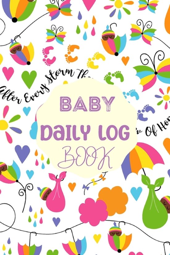 Baby Daily Log Book met kleurrijke patronen van vlinders, paraplu's, voetjes en druppels.
