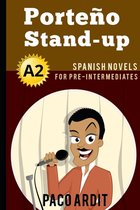 Boekomslag 'Porteño Stand-up' met een getekende mannelijke komiek in een oranje jasje met microfoon. Teks in geel en wit op bruine achtergrond.