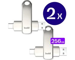 2-Pack Buddi USB-C Stick 256GB | USB C en USB A | Dual Geheugenstick | USB 3.1 | Plug & Play | Universeel | Geschikt voor smartphones, tablets, PC en meer | Extra opslagruimte | Grijs