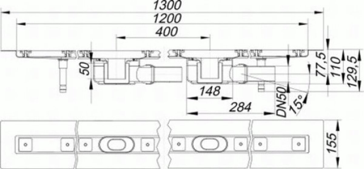 DALLMER douchegoot CeraLine 2 Afvoeren F, 1200mm, DN 50 Totale hoogte 110mm, 521842